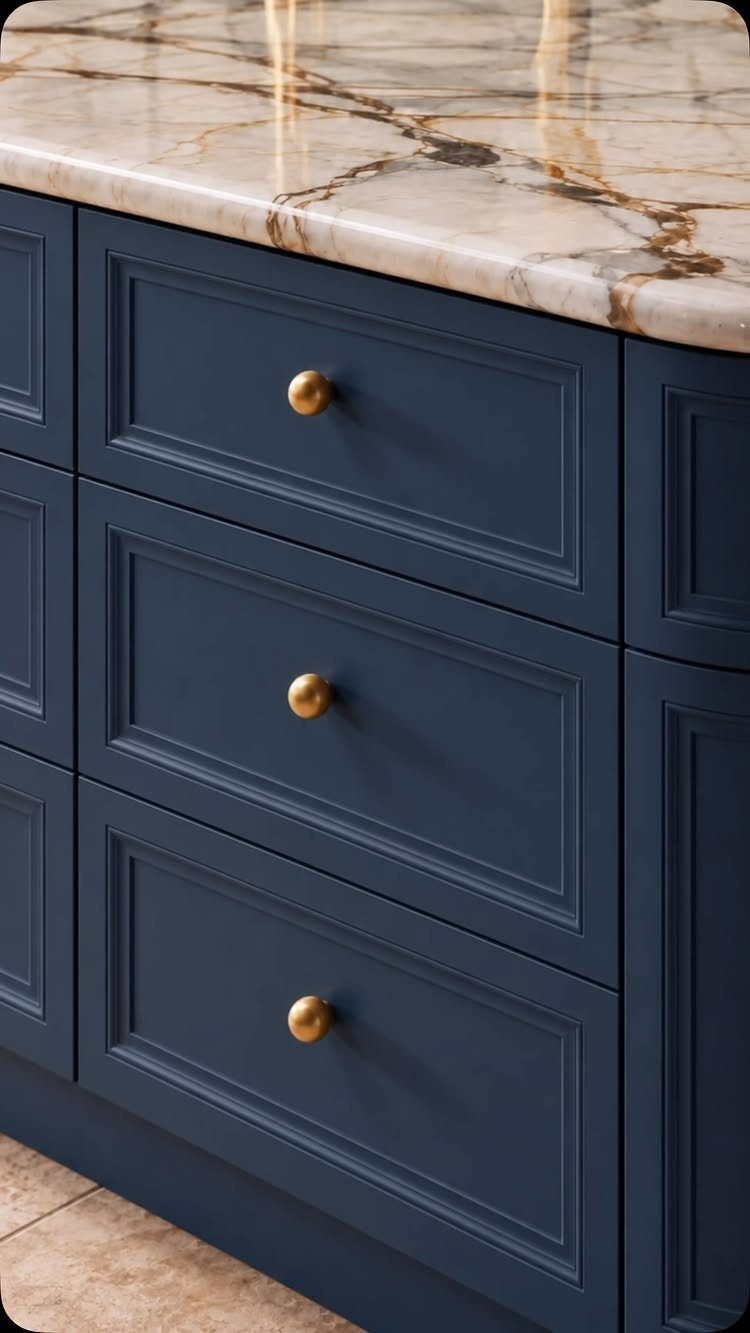 Kitchen Without Upper Cabinets: 13 Ideas That Work 2 Navy blue kitchen base drawers with gold knobs and a marble countertop.