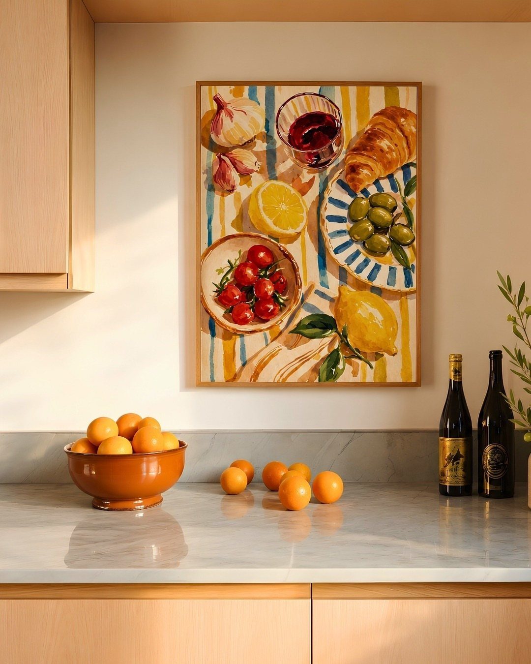 32 Simply Kitchen Design Ideas for a Clean, Modern Space 19 Still life painting of food hanging on a white kitchen wall above marble countertops