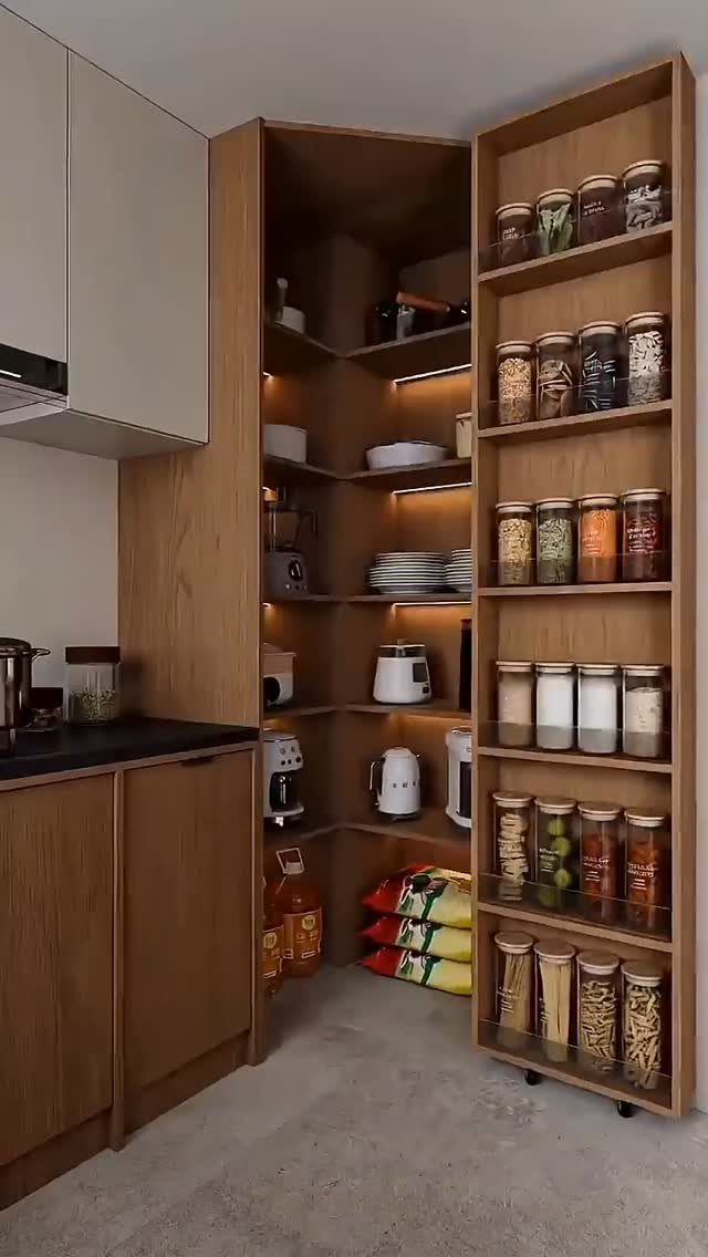 Floor-to-ceiling wooden kitchen cabinets and open shelving filled with glass storage jars.