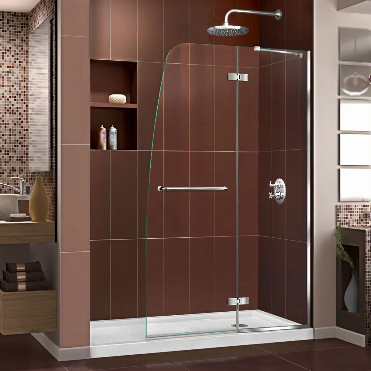 Bathroom Alcove Ideas: 29 Designs for Tubs, Showers & More 12 Frameless glass shower doors with silver hardware against brown tiled walls and a niche.