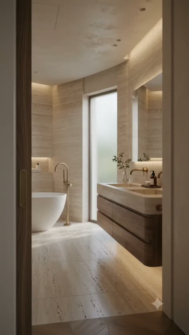 Bathroom Alcove Ideas: 29 Designs for Tubs, Showers & More 10 White freestanding bathtub tucked into a stone-walled alcove in a modern bathroom.