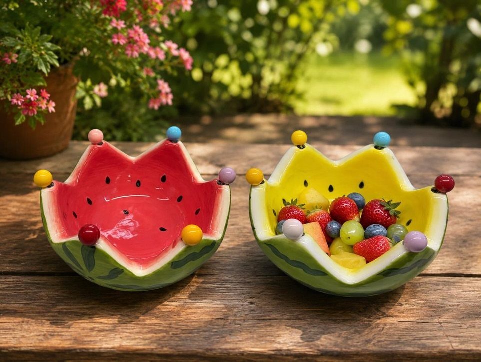 Two fruit shaped ceramic bowls, one watermelon and one melon, on a wooden table.