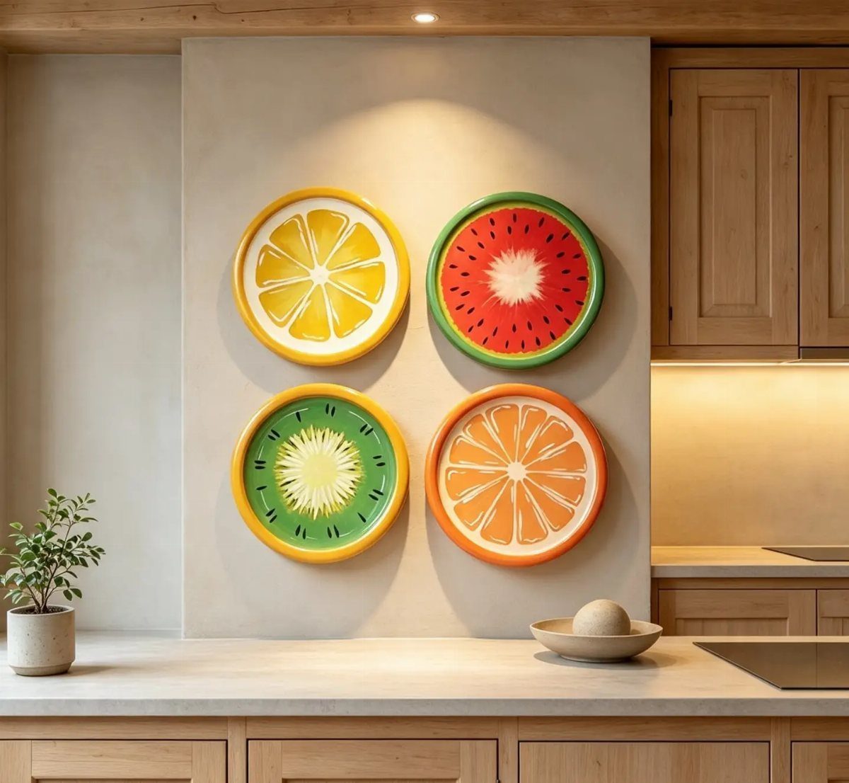 Fruit Shaped Plates in 12 Styles 9 Four fruit slice shaped ceramic wall plates mounted in a kitchen.