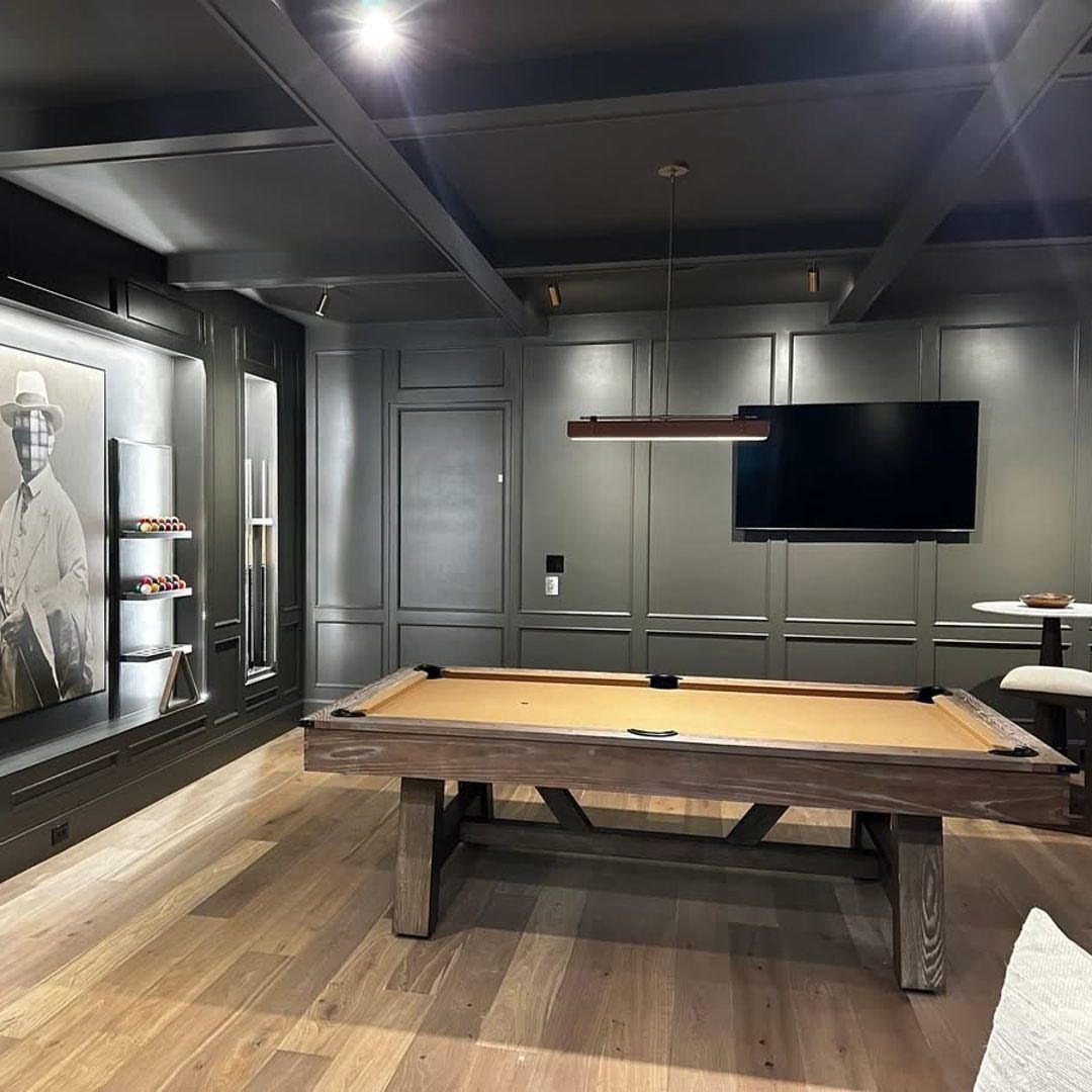 Wood Art Furniture: 31 Ideas From Rustic to Sculptural Forms 20 Wooden pool table with tan felt in a modern grey paneled game room.