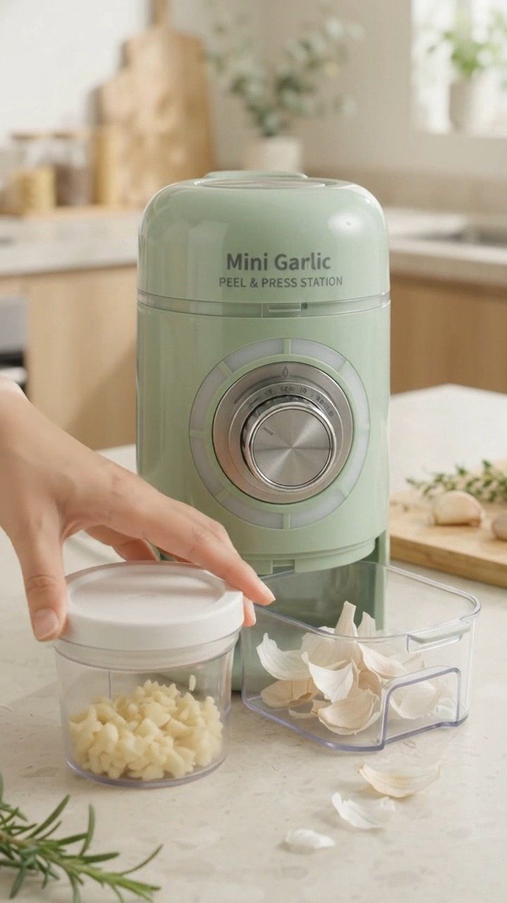 Mini Garlic Peel and Press Station with minced garlic in a small container.
