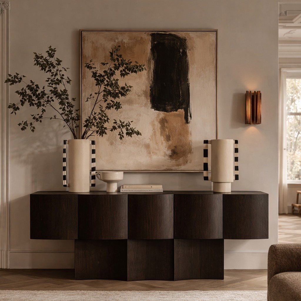 13 Cube Organizer Ideas for Your Living Room Layout 13 Dark brown modular cube sideboard with abstract art and vases in a living room.