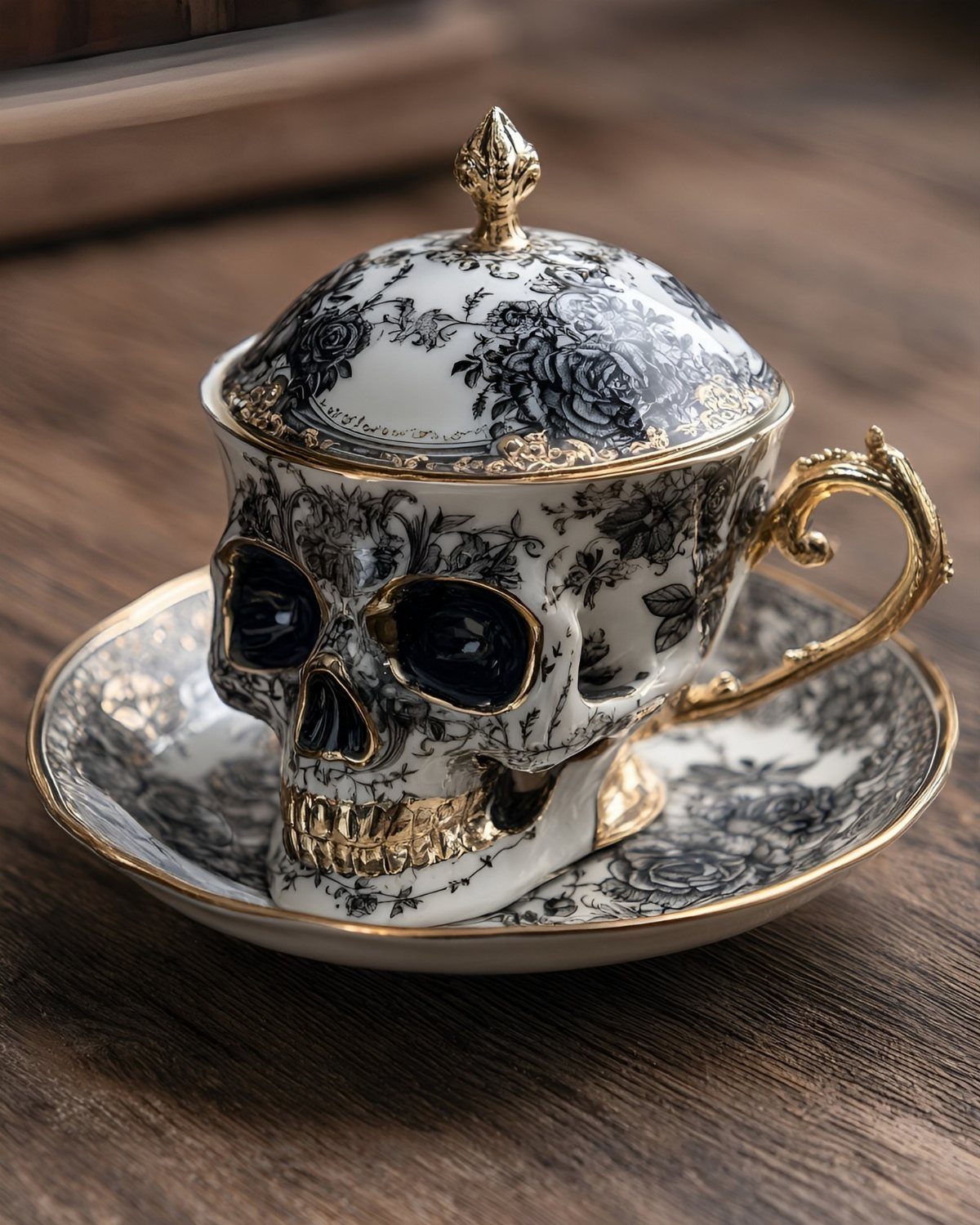 Skull shaped porcelain teacup and saucer with black roses and gold accents.