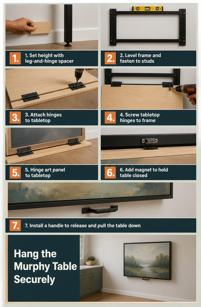 How to Build a Murphy Kitchen Table in 5 Steps 6 Murphy table frame mounted on a wall with hinges attached to the tabletop