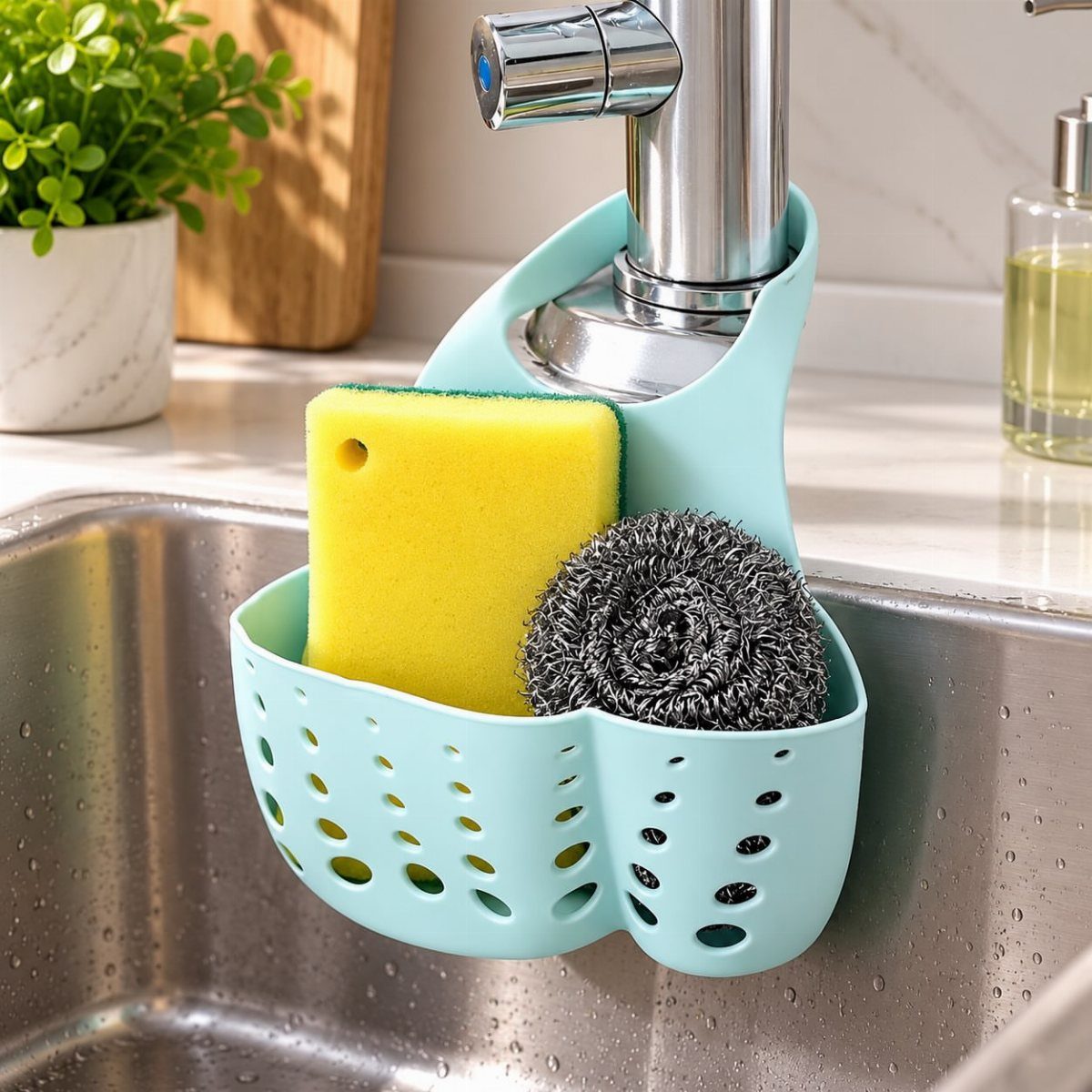 11 Kitchen Countertop Organization Ideas That Actually Work 9 Light blue sink caddy holding a yellow sponge and steel scrubber on a faucet.