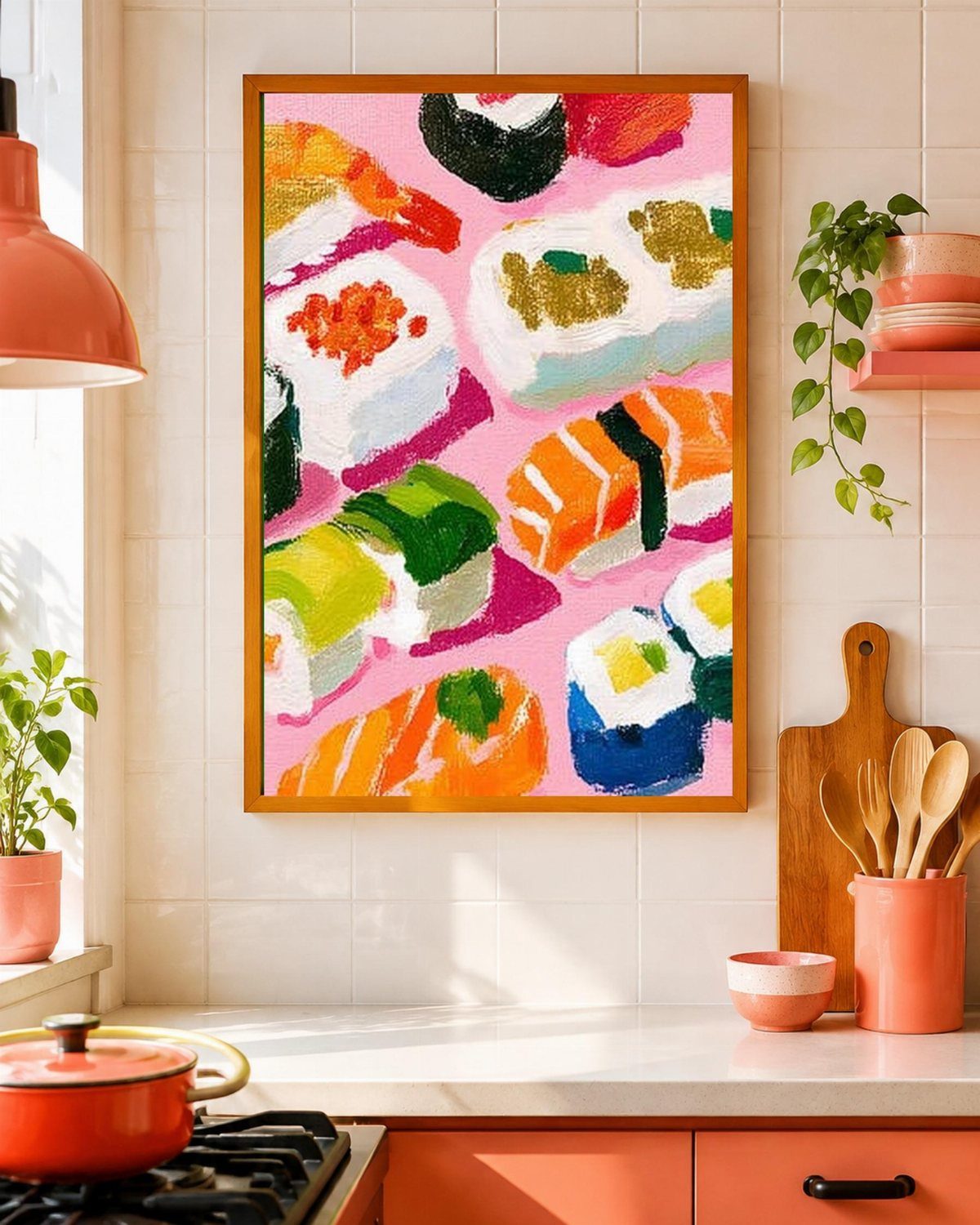 Kitchen Without Upper Cabinets: 13 Ideas That Work 10 Colorful sushi painting hanging on a white tiled wall in a bright kitchen.