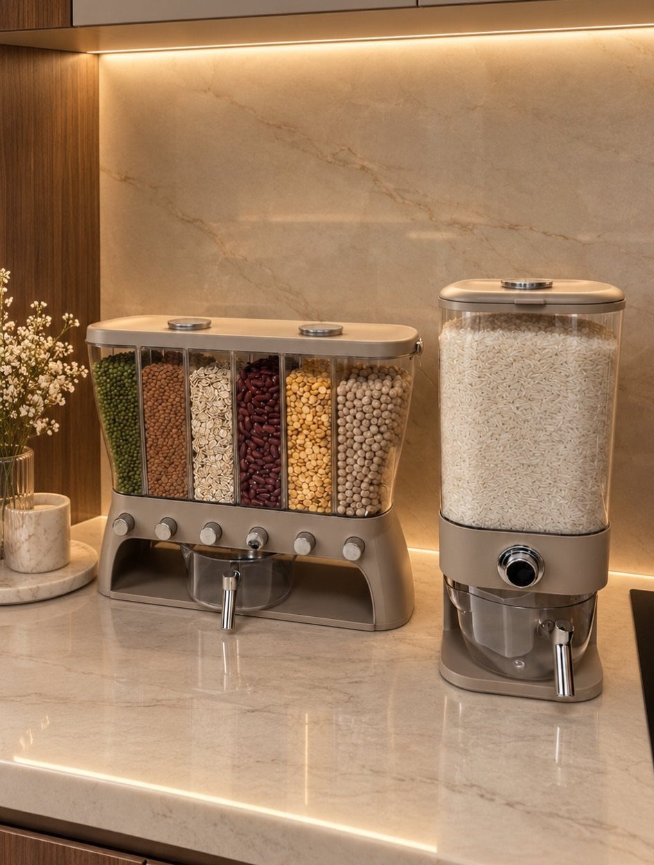 Plastic kitchen storage containers filled with colorful grains and rice on a marble counter