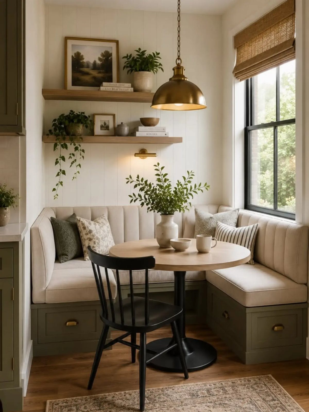 L-shaped built-in dining bench with beige cushions and a round wooden table.