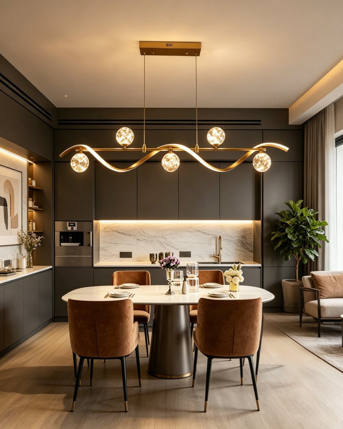 32 Simply Kitchen Design Ideas for a Clean, Modern Space 12 Modern kitchen with a gold sculptural pendant light and glowing under-cabinet lighting.