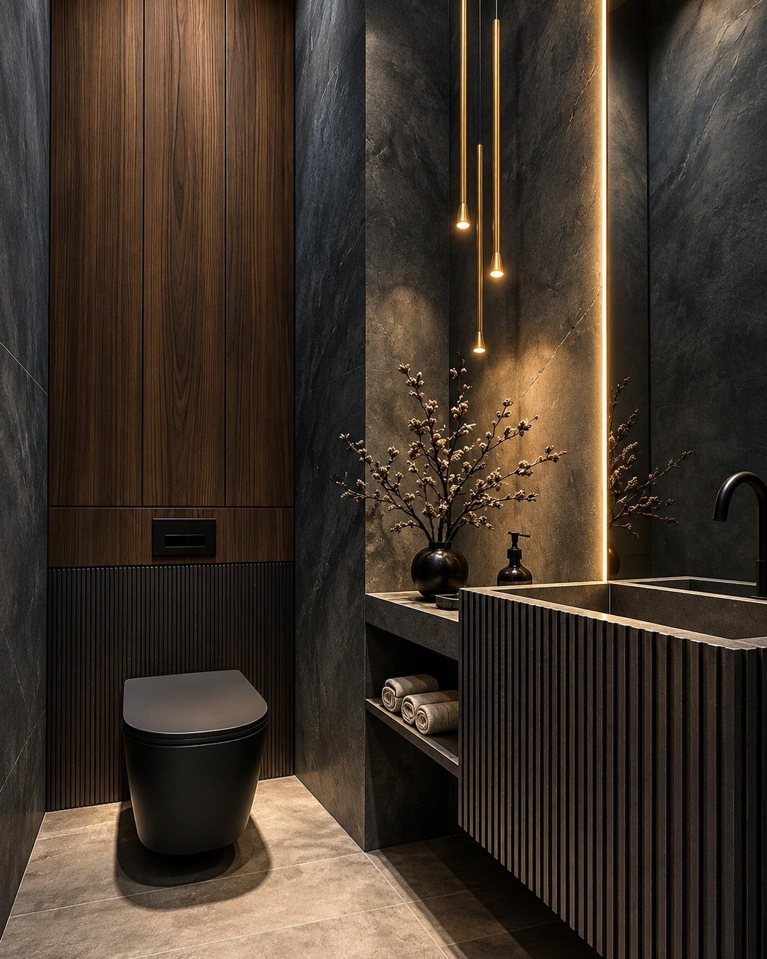 Bathroom Alcove Ideas: 29 Designs for Tubs, Showers & More 17 Modern dark bathroom with black toilet, fluted vanity, and warm LED strip lighting.