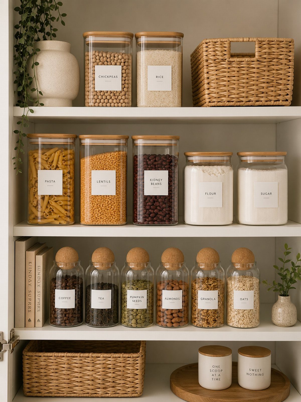 10 Kitchen Storage Container Ideas for Pantry and Fridge 8 Glass canisters with bamboo lids storing dry goods on white pantry shelves.