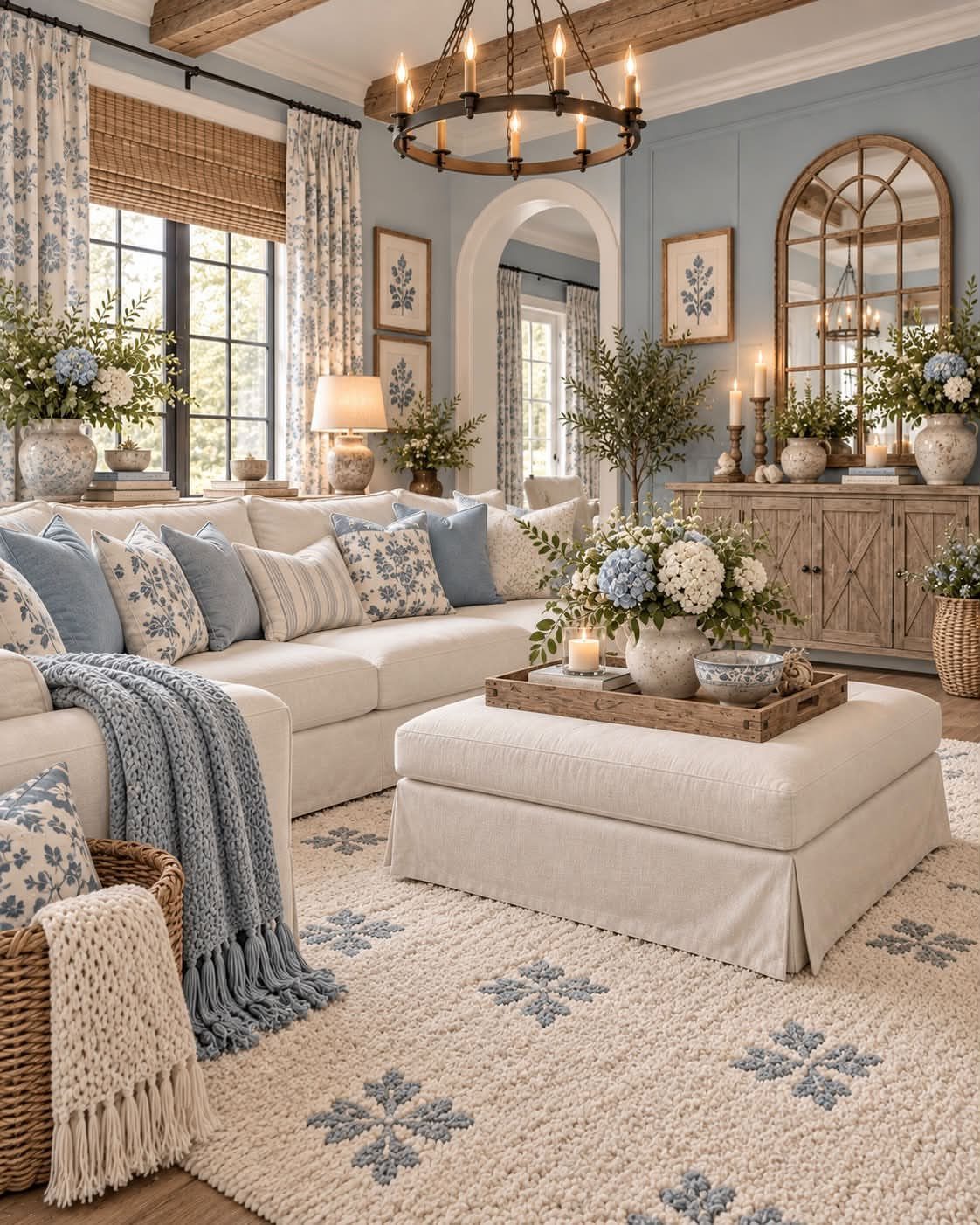Light blue living room with cream sofa, blue patterned pillows, and brown wooden beams.