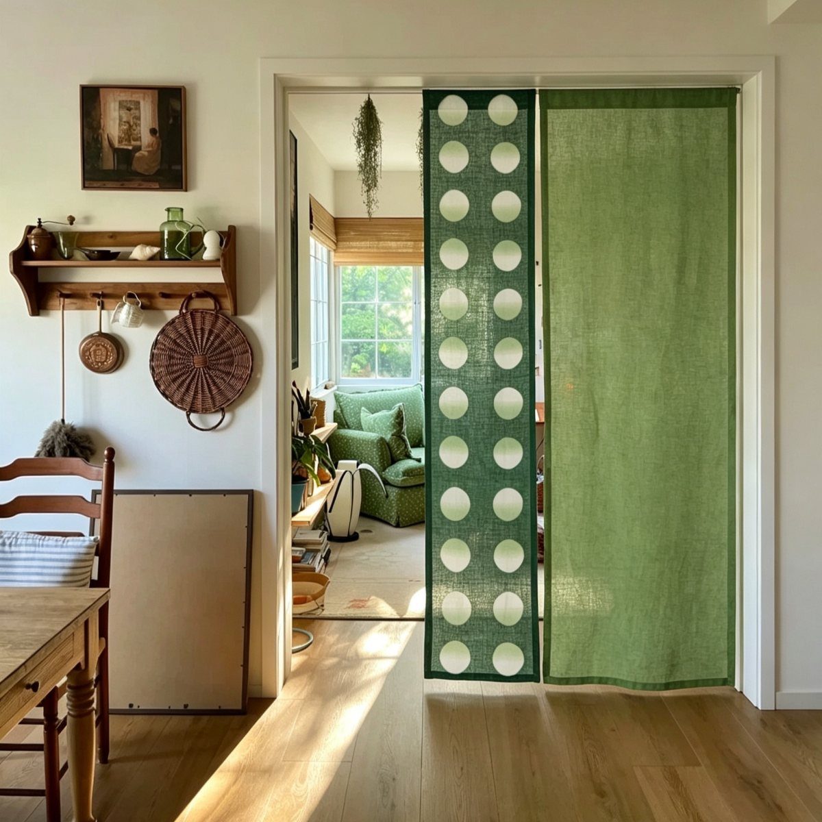 Green linen curtains separating a kitchen area from a living room with a sofa.