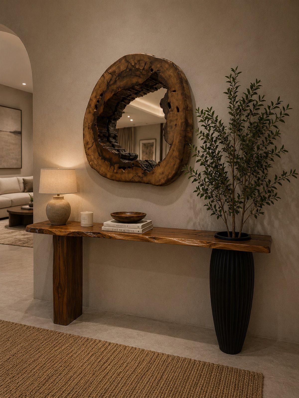 Live edge wood console table with a natural slab top and a matching wooden leg.