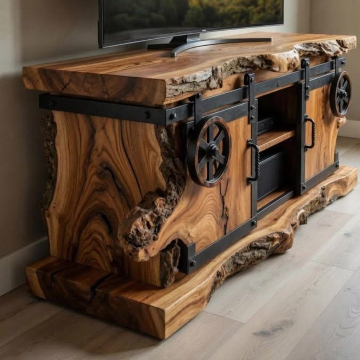 Live Wood Furniture in 31 Styles, from River Tables to Desks 20 Rustic live edge wood credenza with black metal industrial hardware and wheel accents.