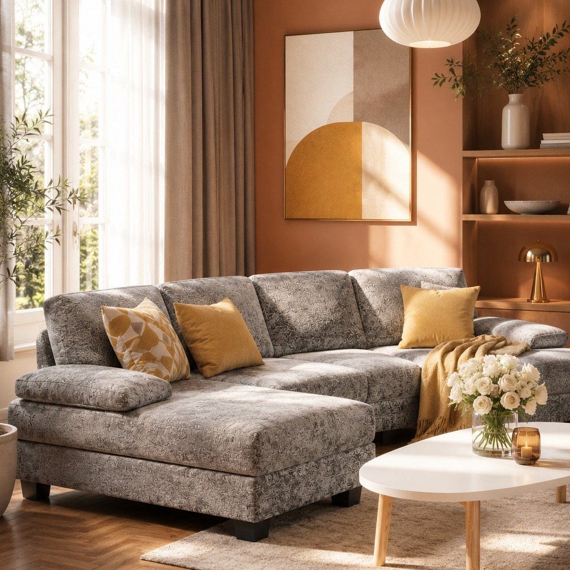 Grey plush sectional sofa with a chaise lounge in a warm, cozy living room.