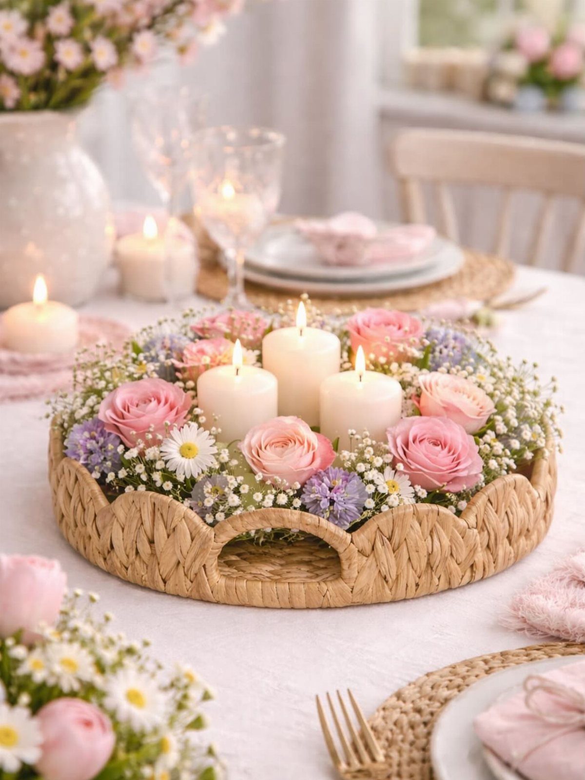 Table Decor for Round Tables: 13 Ideas to Try at Home 14 Woven tray centerpiece with pink roses, white candles, and baby's breath on a table.