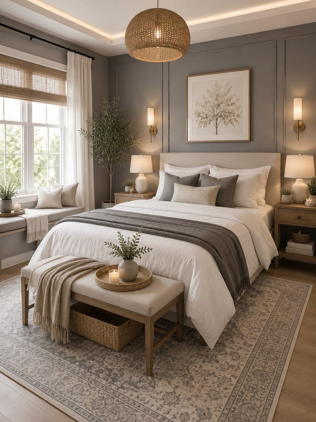 Modern bedroom with woven pendant light, bedside lamps, and grey paneled walls.