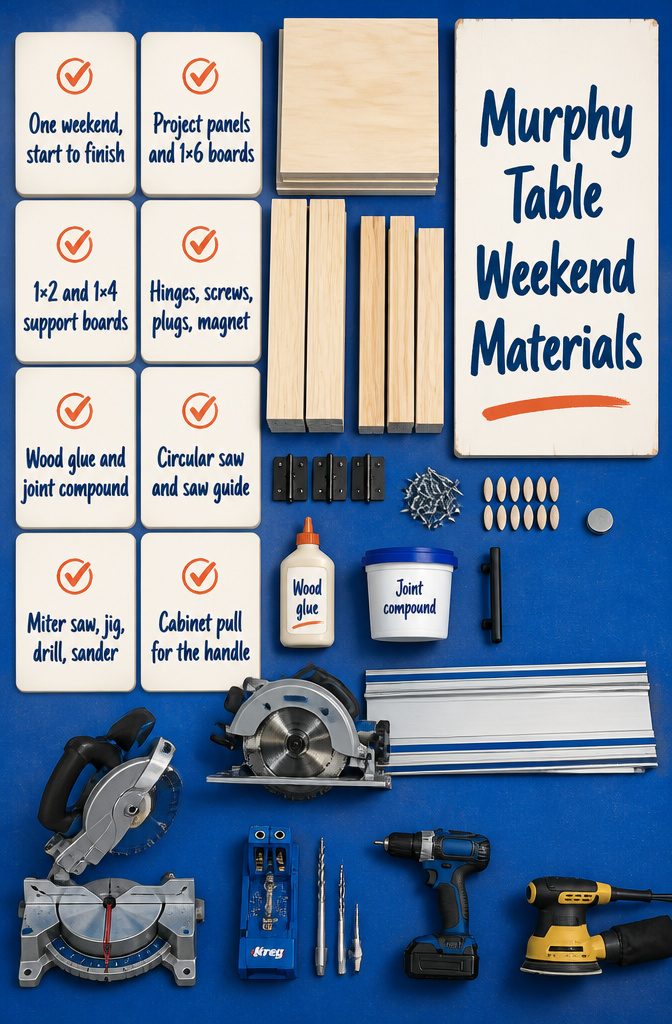 How to Build a Murphy Kitchen Table in 5 Steps 9 Murphy table project materials and tools including boards, hinges, a drill, and a saw