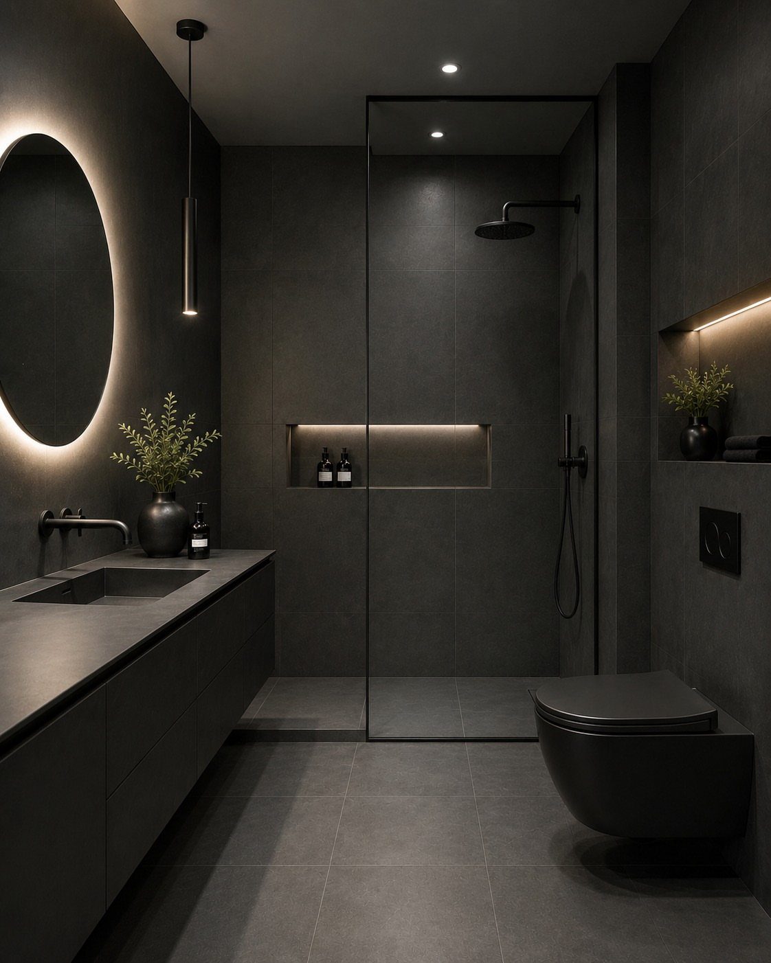 Bathroom Alcove Ideas: 29 Designs for Tubs, Showers & More 15 Matte black sink faucet on a dark grey modern bathroom vanity countertop