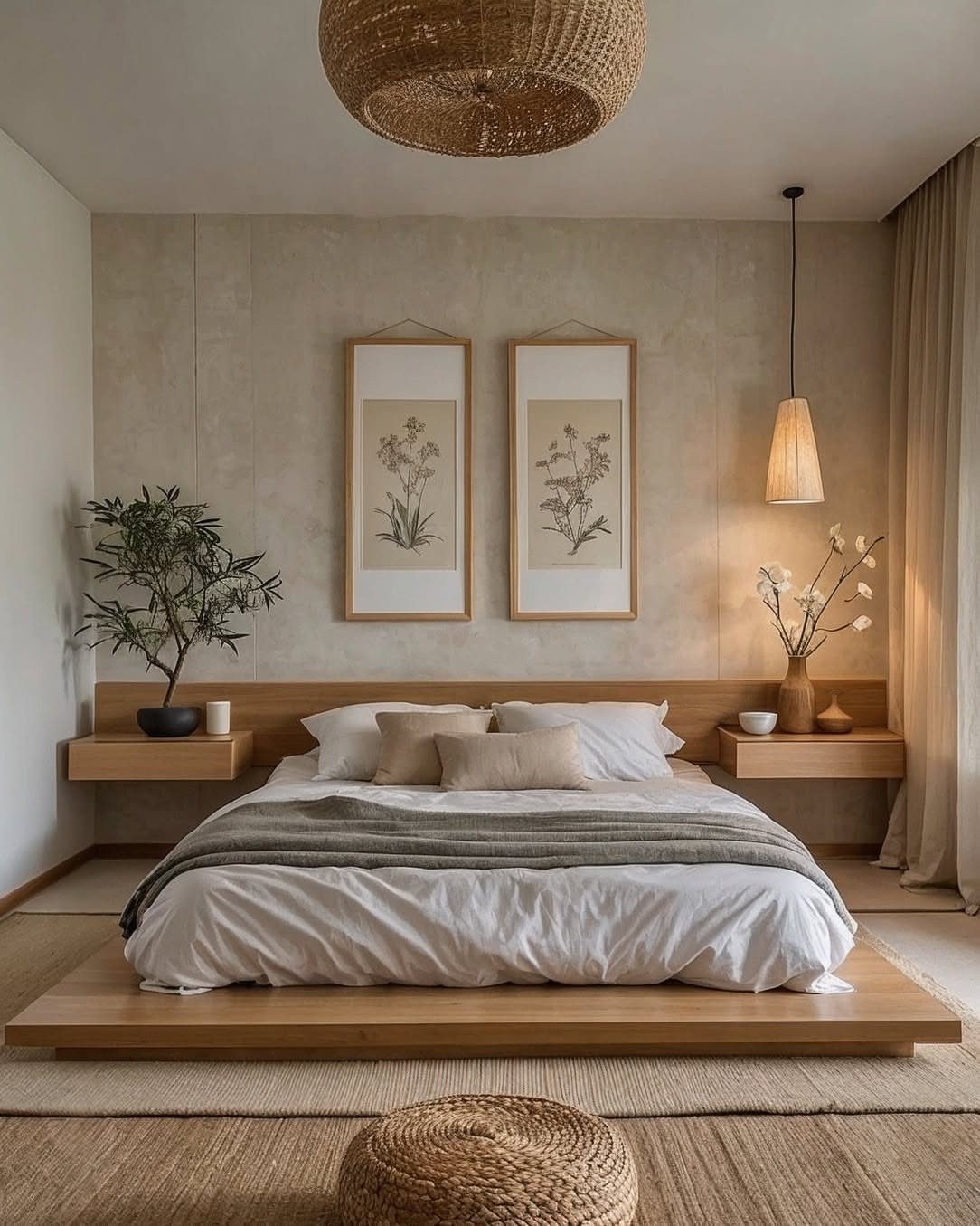 Master Bedroom Interior Design: 16 Ideas for a Better Space 12 Minimalist bedroom with low platform bed, neutral tones, and botanical wall art.