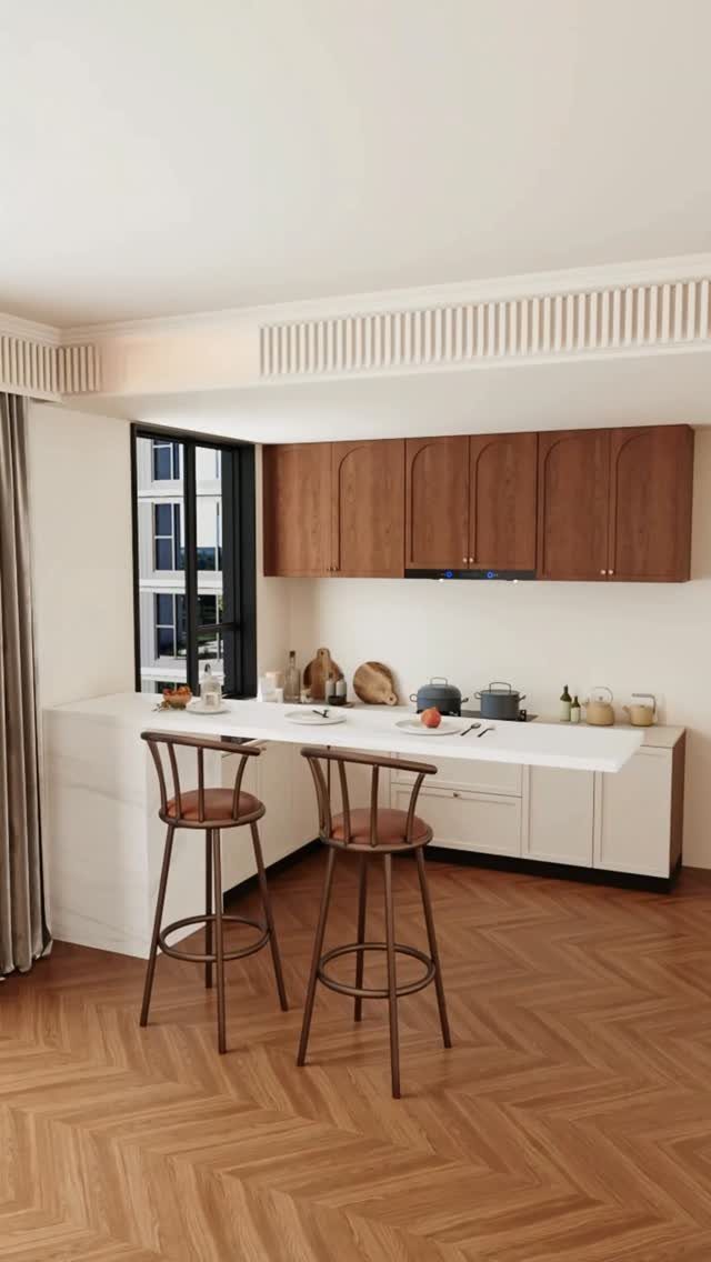 32 Simply Kitchen Design Ideas for a Clean, Modern Space 20 Modern kitchen with white counters, brown wooden cabinets, and herringbone wood flooring.