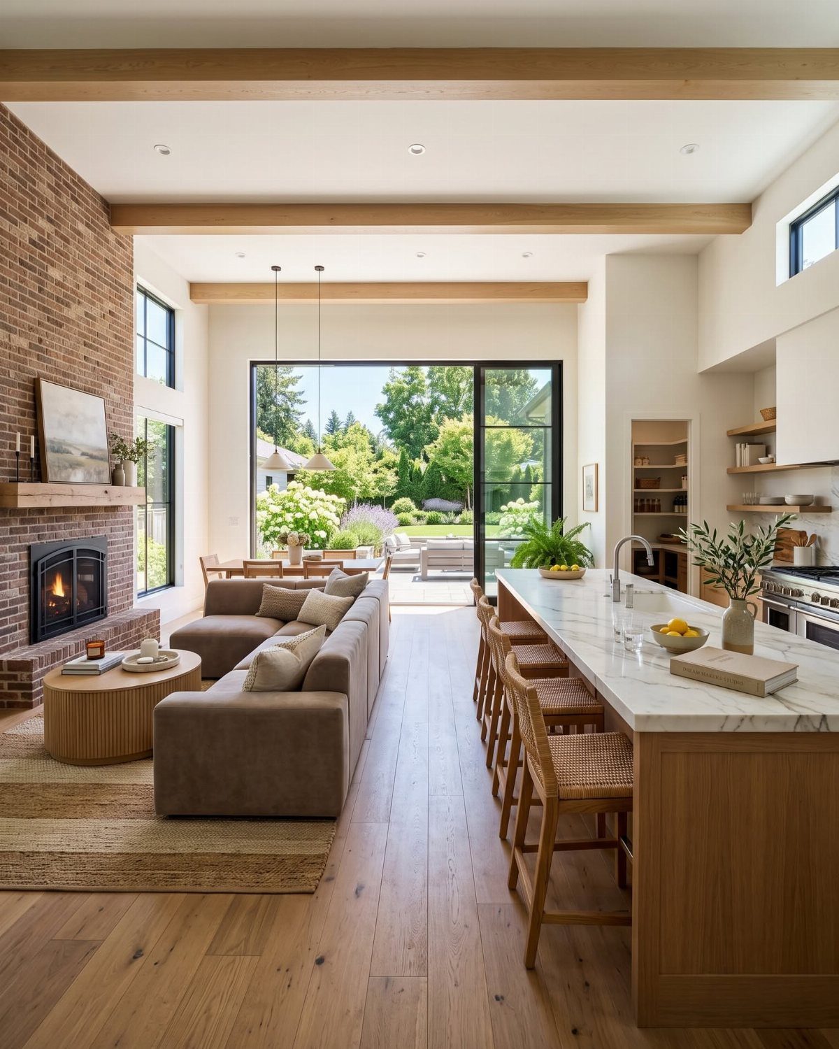 32 Simply Kitchen Design Ideas for a Clean, Modern Space 15 Open floor plan connecting a modern kitchen with a living room and outdoor garden.