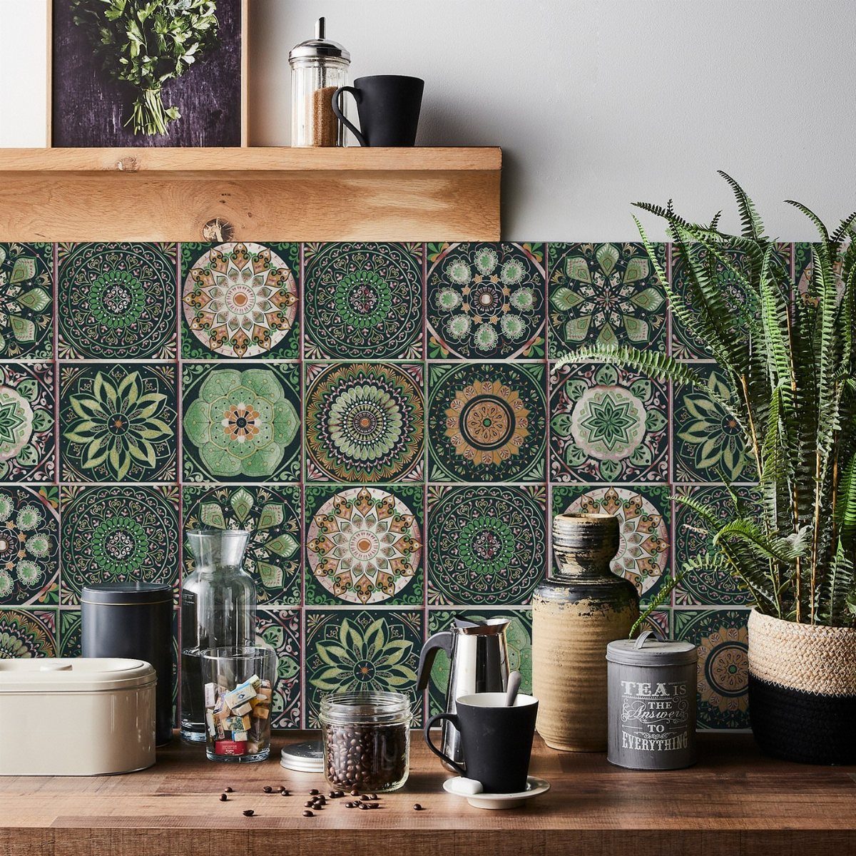 27 Small Kitchen with Fridge Ideas That Maximize Every Inch 10 Green patterned mandala tile backsplash behind a wooden kitchen counter with coffee accessories.