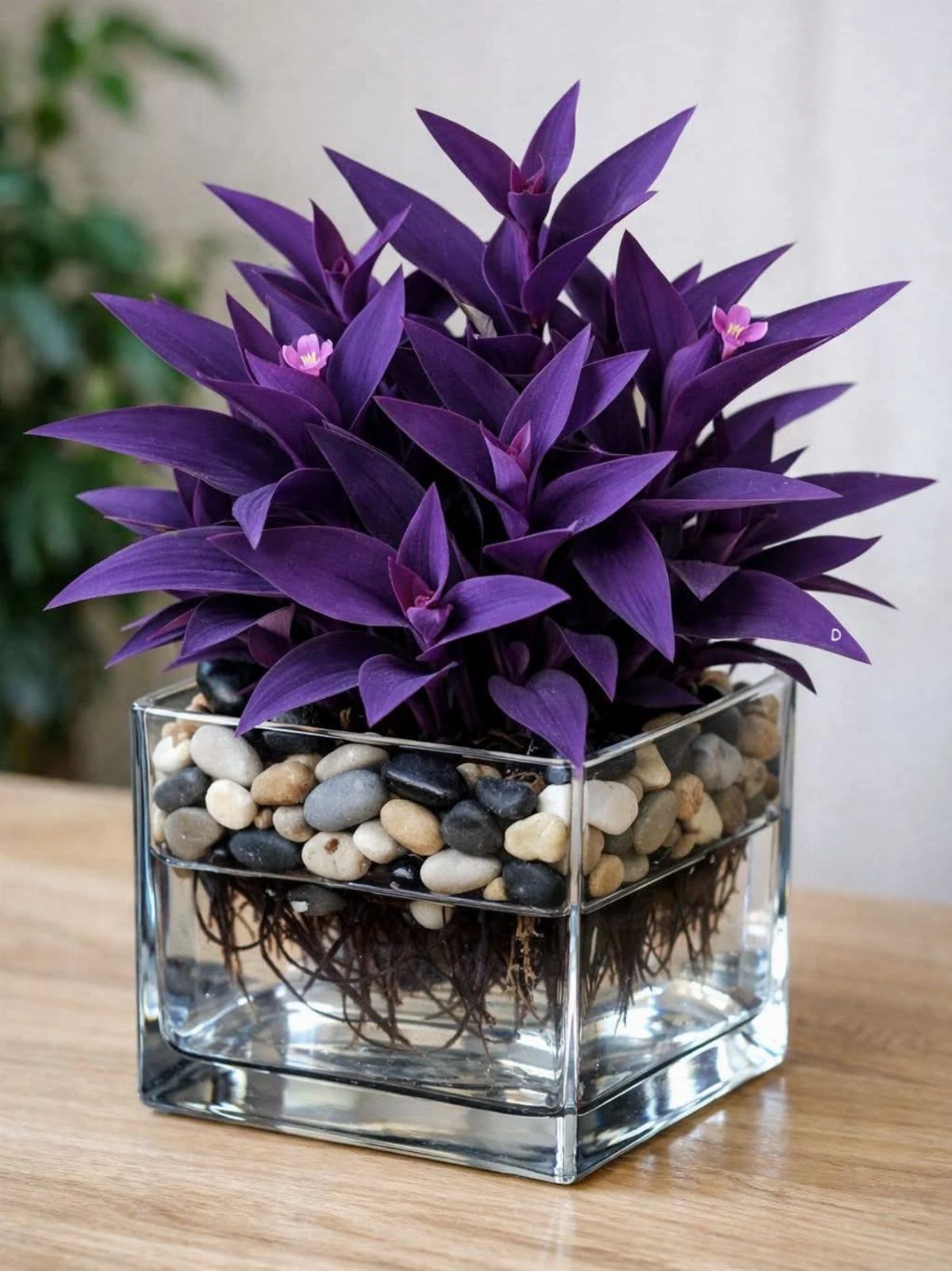 Table Decor for Round Tables: 13 Ideas to Try at Home 4 Purple leafy plant with pink flowers in a square glass pot with pebbles.