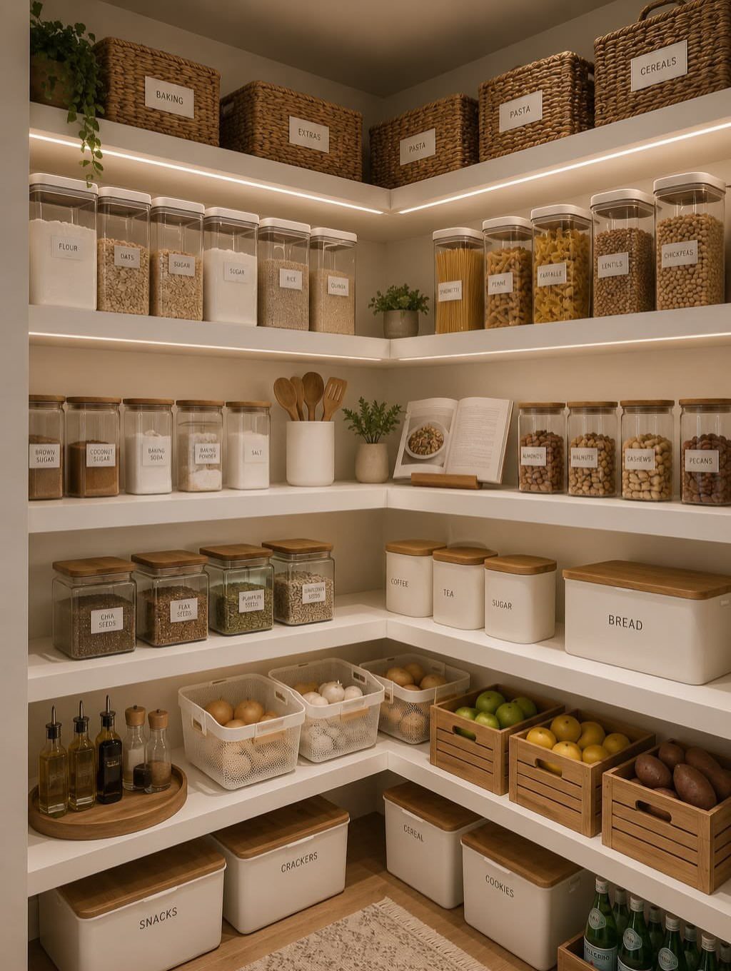 Organized pantry shelves with clear containers, woven baskets, and wooden crates holding food.