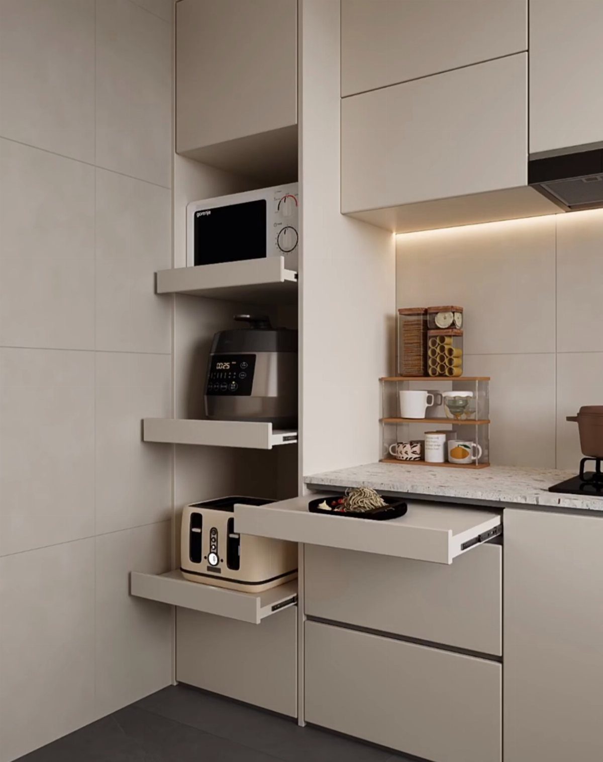 Beige kitchen cabinets with sliding pull-out shelves holding a microwave, air fryer, and toaster.