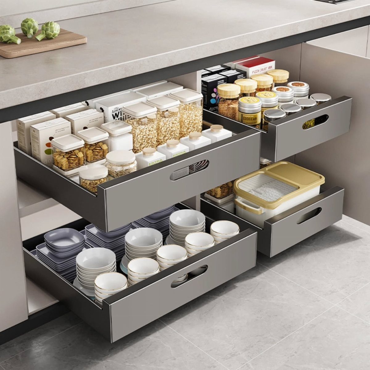 26 Pull Out Drawer Kitchen Ideas That Save Space 17 Grey pull-out kitchen drawers containing organized glass jars, white bowls, and plates.