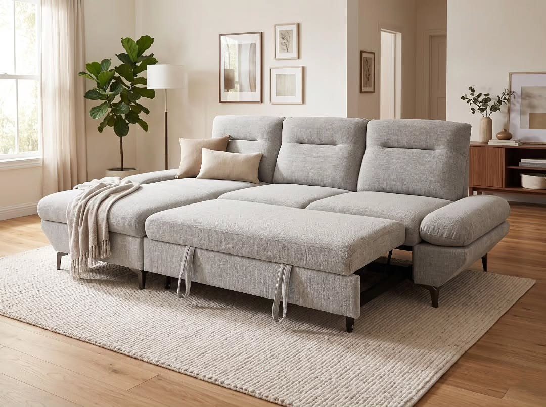 12 Space Saving Furniture Ideas That Actually Work 2 Light grey sectional sofa with a pull-out bed extended in a bright living room.