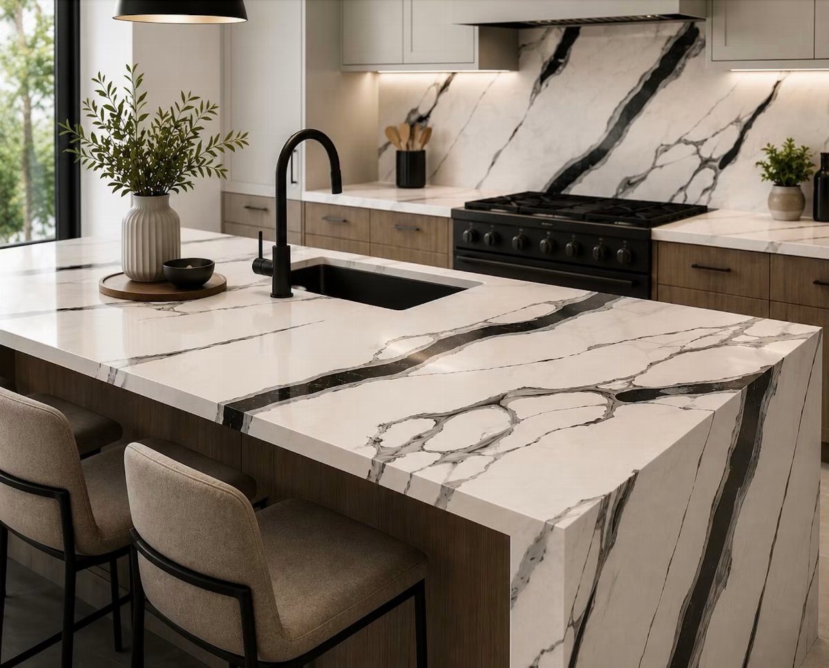32 Simply Kitchen Design Ideas for a Clean, Modern Space 26 White quartz countertops with black veining on a kitchen island and backsplash.