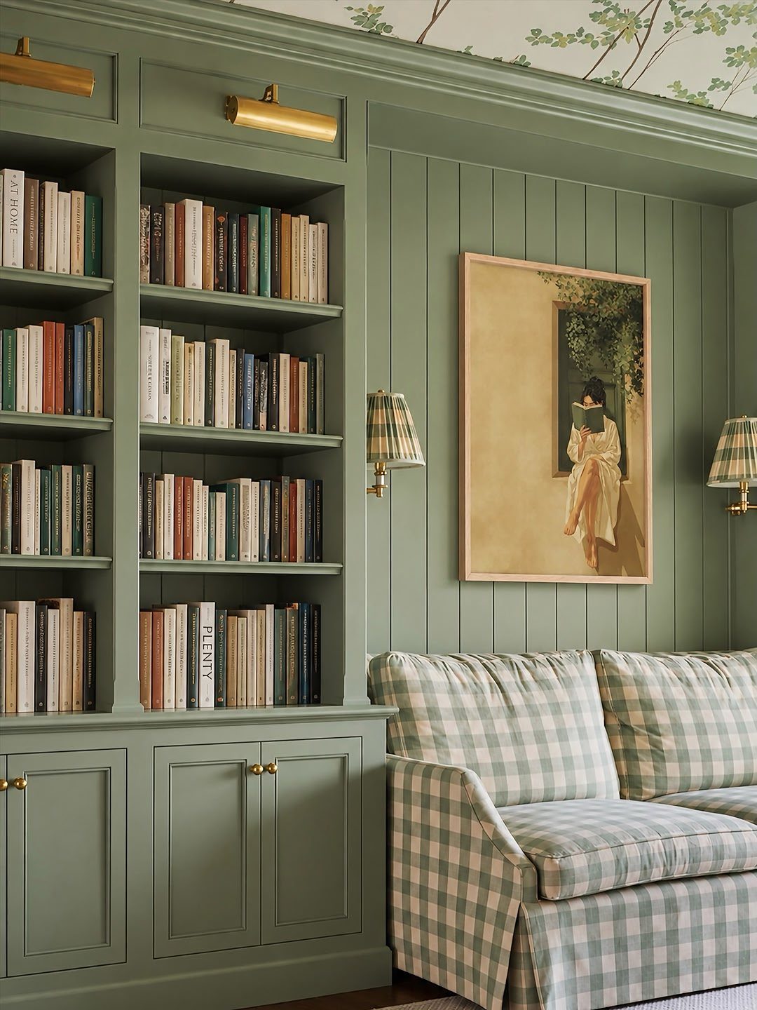Master Bedroom Interior Design: 16 Ideas for a Better Space 13 Green built-in bookshelf and checkered sofa creating a cozy reading nook area.