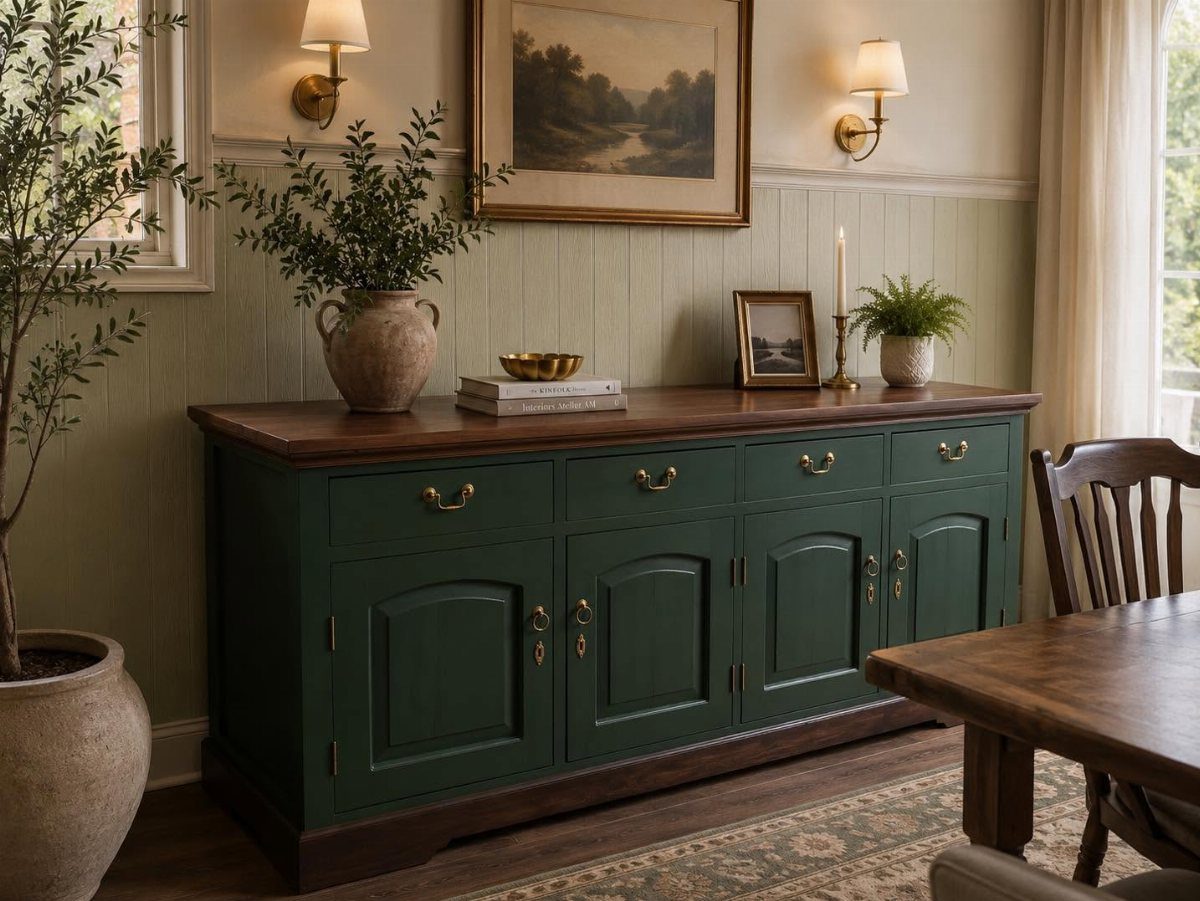 Dark green painted sideboard with a natural wood top in a cozy dining room.