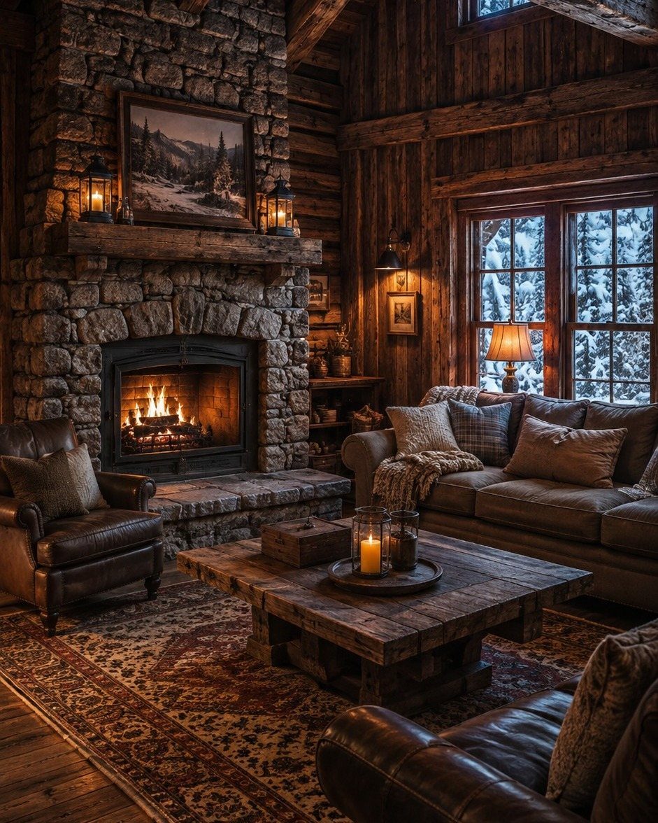 Rustic cabin living room with stone fireplace, leather seating, and dark wood walls.
