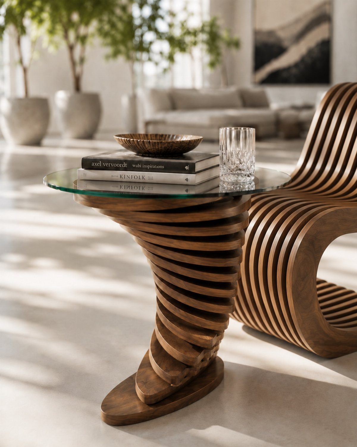 Wood Art Furniture: 31 Ideas From Rustic to Sculptural Forms 12 Sculptural wooden side table with a spiraling ribbed base and a glass top.