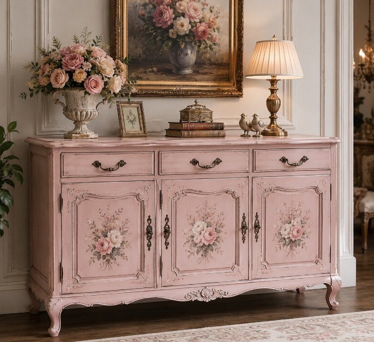 Pink distressed wooden sideboard with floral paintings and vintage home decor accessories.