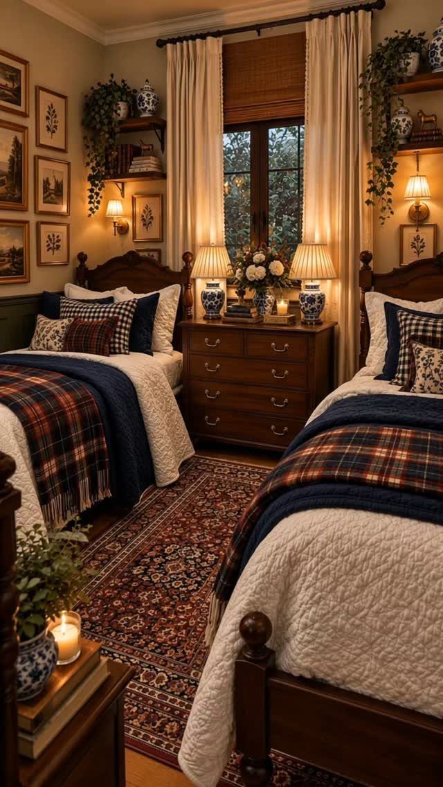 8 Ideas for a Bedroom with 2 Beds That Save Space 9 Two twin beds with navy plaid blankets in a cozy, traditional bedroom setting.
