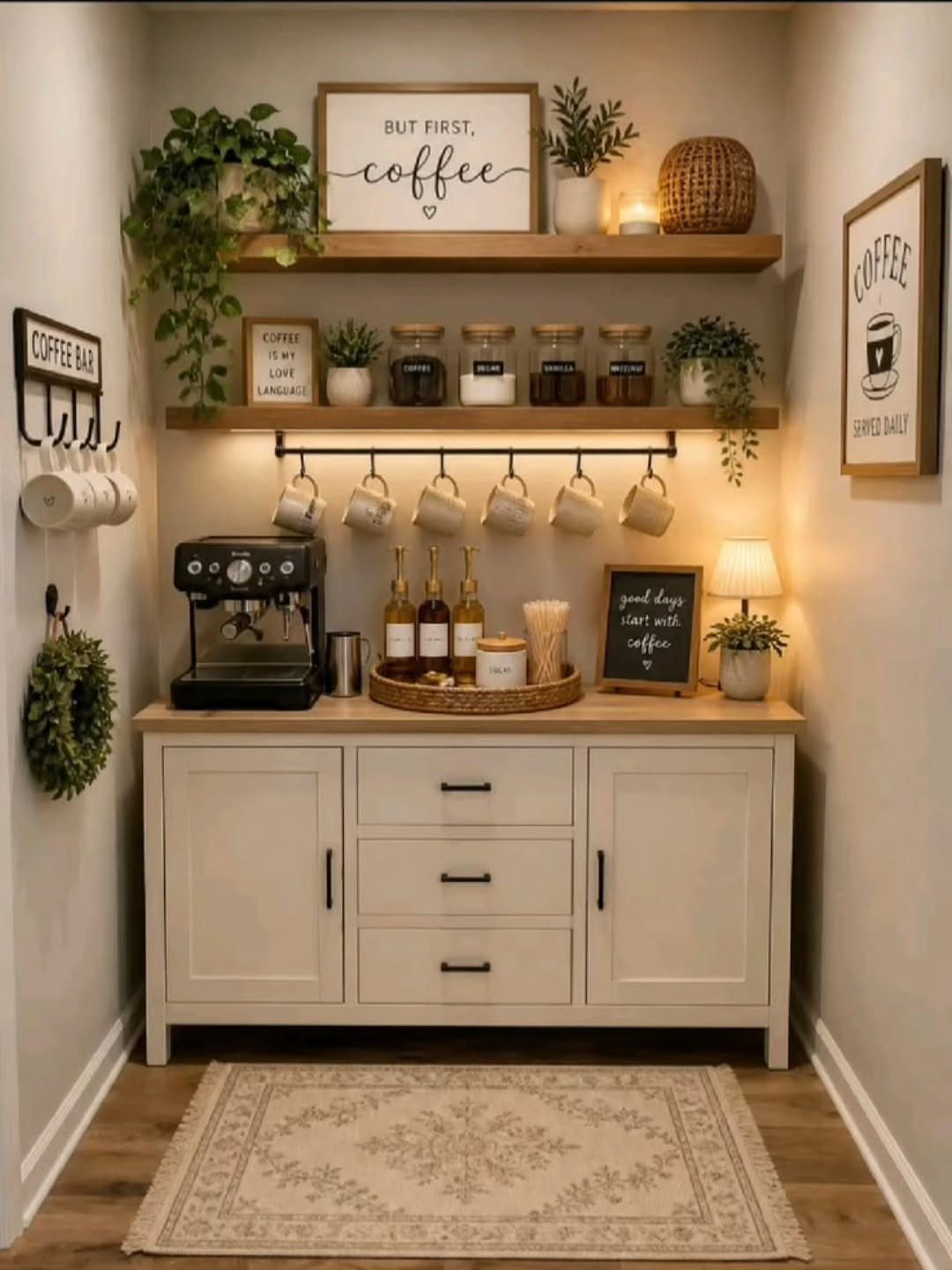 White sideboard coffee bar with espresso machine, floating shelves, and potted plants.