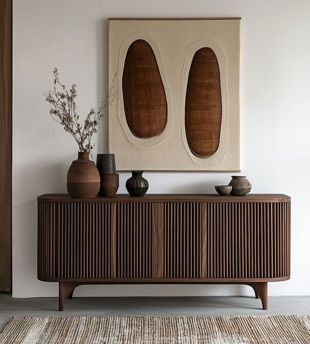 Wood Art Furniture: 31 Ideas From Rustic to Sculptural Forms 15 Wooden ribbed sideboard with ceramic vases and abstract art on a white wall.