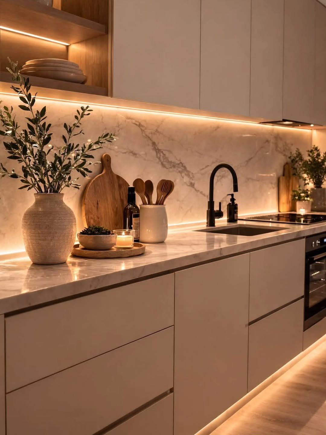 Modern minimalist kitchen with white cabinets, marble countertops, and warm under-cabinet lighting.