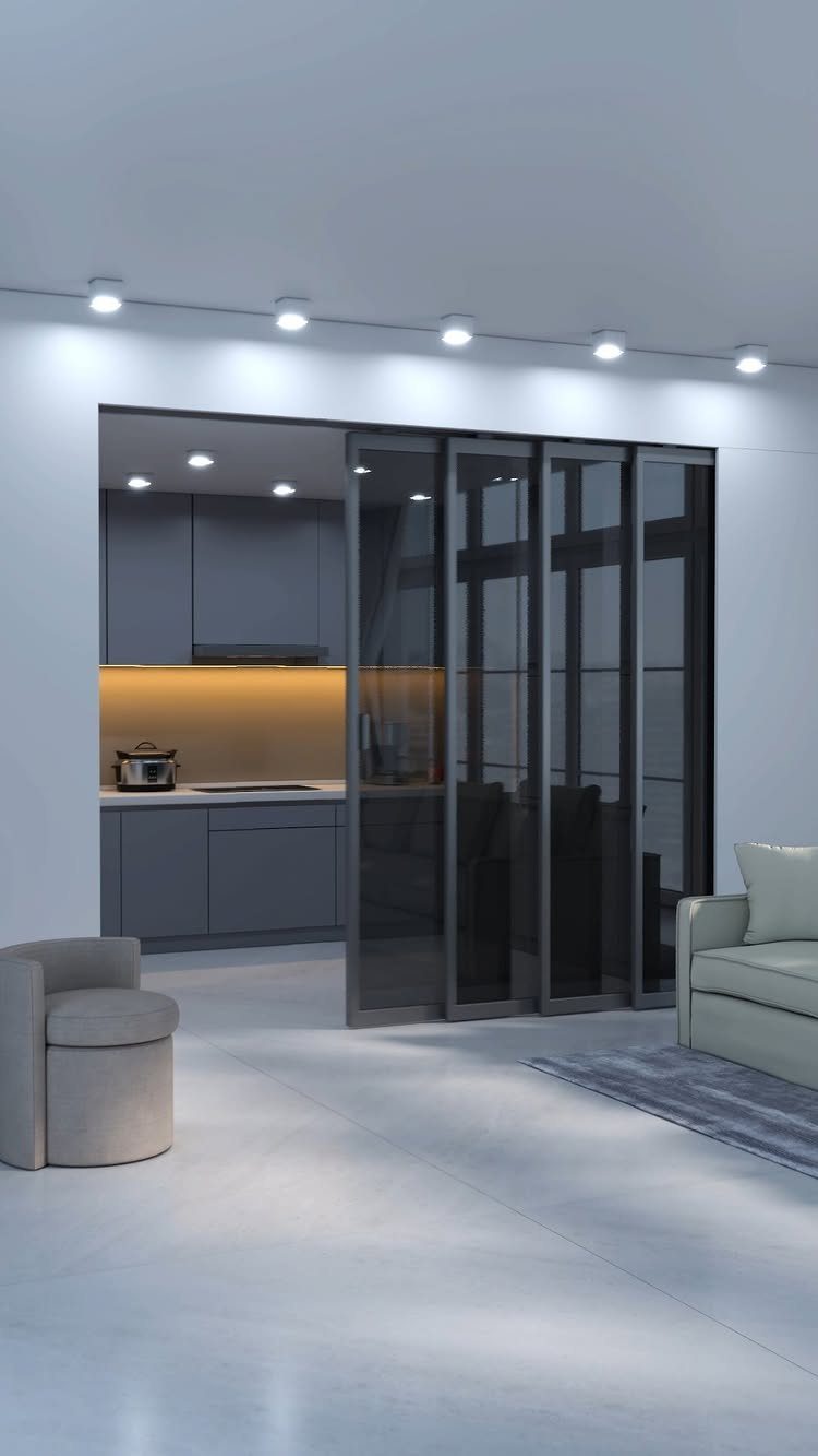 Black-framed glass sliding room divider separating a grey kitchen from a modern living area.