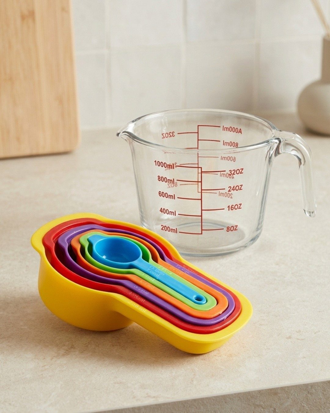Colorful nested plastic measuring spoons and a glass measuring cup on a countertop.