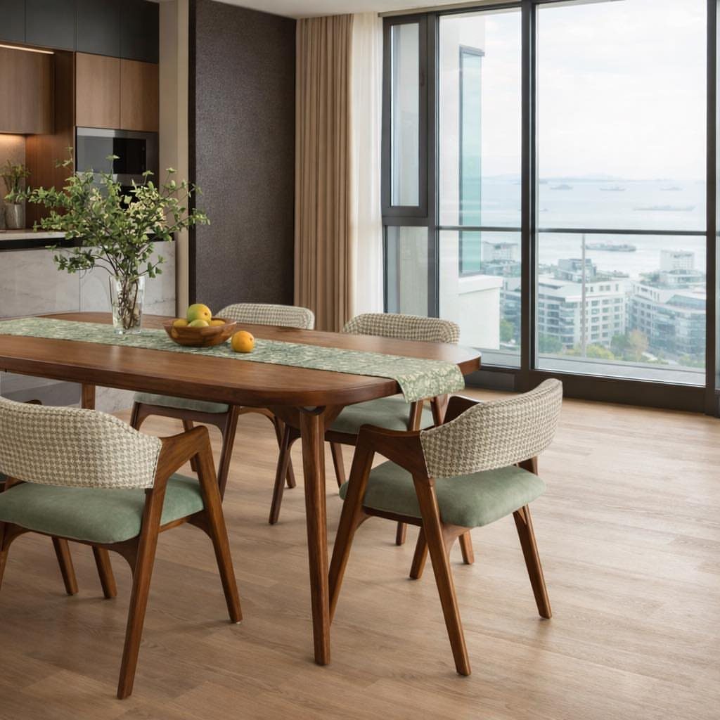 Contemporary Dining Sets in 12 Styles for Your Space 5 Wooden dining set with oval table and green upholstered chairs in a modern room.